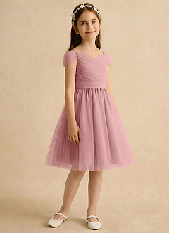 Azazie Lila Girls Formal Robe Demoiselle D'honneur Fillette Robe Trapèze en Tulle Épaules dénudées Rose Poussiéreuse image5