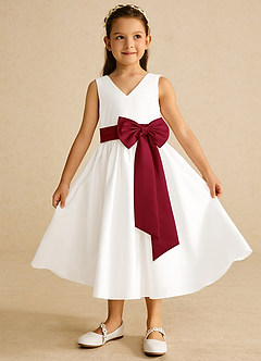 Azazie Darling Flower Girl Dresses Ivory Burgundy A-Line Bow Cotton Dress image2