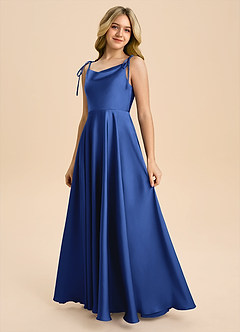 Azazie Popsy Junior A라인 절하다 스트레치 새틴 플로어 길이 주니어 신부 들러리 드레스 image6