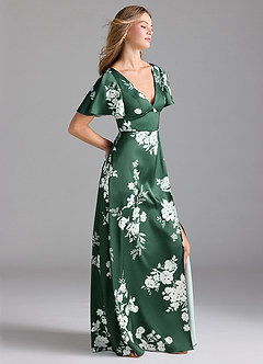Azazie Lani Bridesmaid Dresses Green Botanicals A-Line Flounce Sleeve Stretch Satin Dress image3