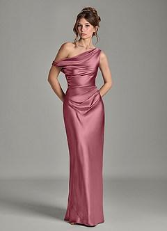 Azazie Emerson Bridesmaid Dresses Desert Rose Mermaid Off the Shoulder Metallic Satin Dress image3