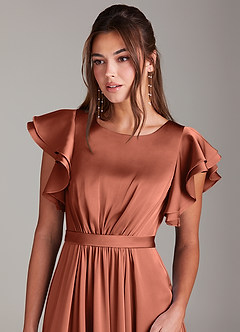 Azazie Daphne Modest Bridesmaid Dresses A-Line Ruched Stretch Satin Floor-Length Dress image5