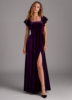 Azazie Bondi Bridesmaid Dresses Grape A-Line Side Slit Velvet Dress image1