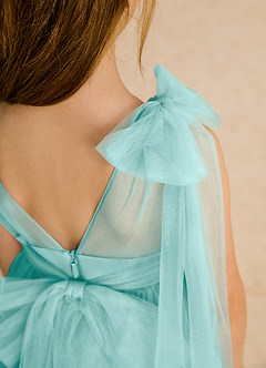 Azazie Dori Robe Demoiselle D'honneur Fillette Robe Trapèze en Tulle Rayé Aqua image8