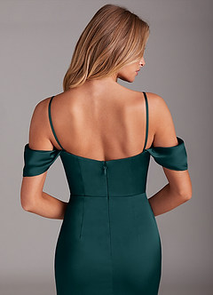 Azazie Saige Bridesmaid Dresses Pine Sheath Off the Shoulder Stretch Satin Dress image8