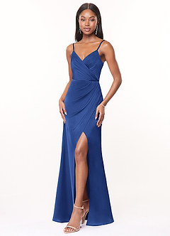 Azazie Maci Bridesmaid Dresses Royal Blue A-Line V-Neck Pleated Stretch Satin Dress image3