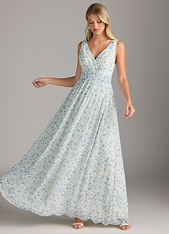 Azazie Kora Bridesmaid Dresses Blue And White Ditsy Floral A-Line Pleated Chiffon Dress image1