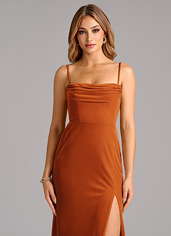 Azazie Saige Bridesmaid Dresses Burnt Orange Sheath Off the Shoulder Velvet Convertible Dress image2