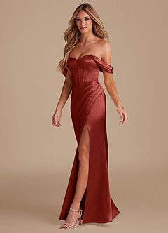 Azazie Asha Bridesmaid Dresses Terracotta Sheath Off the Shoulder Metallic Satin Dress image3