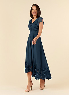 Azazie Palana At-home Try On Dresses Dusty Blue A-Line Lace Chiffon Dress image2