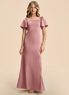 Azazie Chace Junior Vestido Rosa Polvorienta de Satén Elástico de Corte Recto image4