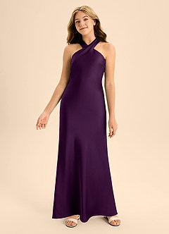 Azazie Doretta Junior Grape A-Line Pleated Stretch Satin Dress image4