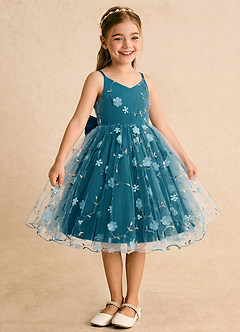 Azazie Junebug Flower Girl Dresses Ink Blue Ball-Gown Spaghetti Strap Tulle Dress image5