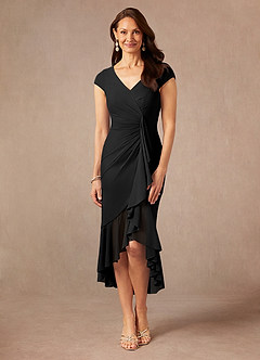 Azazie Renetta Mother of the Bride Dresses Black Sheath V-Neck Pleated Mesh Dress image4