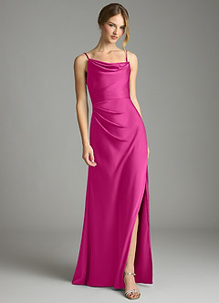 Azazie Eirene Final Sale Fuchsia Sheath Pleated Stretch Satin Dress image1