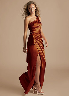 Azazie Maive Bridesmaid Dresses Auburn Sheath Ruched Metallic Satin Dress image5