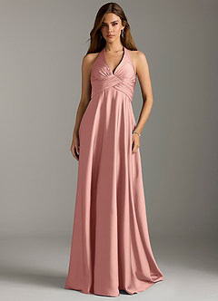 Azazie Tessie Bridesmaid Dresses Rosette A-Line Pleated Stretch Satin Dress image3