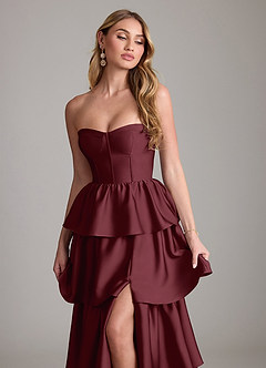 Azazie Faye Bridesmaid Dresses Cabernet A-Line Ruched Stretch Satin Dress image5