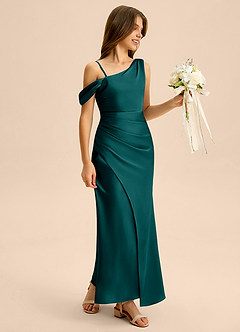 Azazie Madelyn Junior Peacock Sheath Off the Shoulder Stretch Satin Dress image6