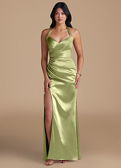 Azazie Emeria Bridesmaid Dresses Pistachio Sheath Side Slit Metallic Satin Dress image5