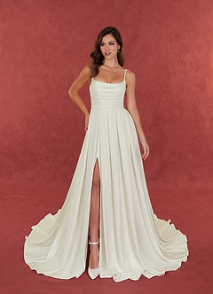 Azazie Caymus Wedding Dresses Cream A-Line Scoop Pleated Crepe back satin Dress image5