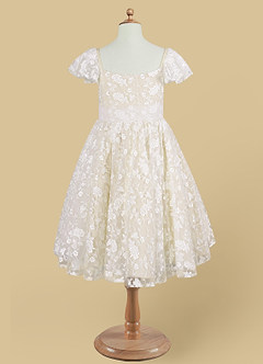 Azazie Delia Robe Demoiselle D'honneur Fillette Robe Trapèze en Dentelle Diamant Blanc Champagne image4