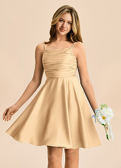 Azazie Miko Junior Gold A-Line Pleated Stretch Satin Dress image1