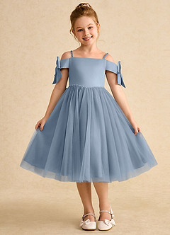 Azazie Amie Flower Girl Dresses Dusty Blue A-Line Off the Shoulder Matte Satin Dress image3