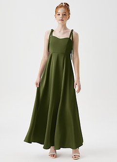 Azazie Rosey Junior A라인 스윗하트 네크라인 스트레치 새틴 플로어 길이 주니어 신부 들러리 드레스 image4