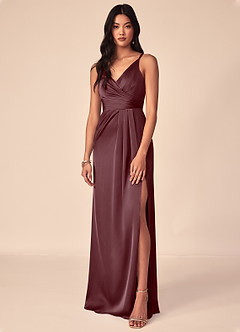 Azazie Aqua Bridesmaid Dresses Sangria A-Line V-Neck Pleated Stretch Satin Dress image1