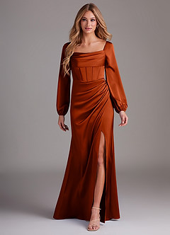 Azazie Charissa Bridesmaid Dresses Paprika Sheath Long Sleeve Stretch Satin Dress image1