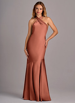 Azazie Lorena Robes de demoiselle d'honneur Robe Sirène en Satin extensible Plissée Argile image4