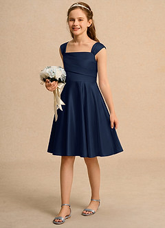 Azazie Budle Flower Girl Dresses Dark Navy A-Line Pleated Matte Satin Dress image5