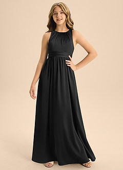Azazie Jaylah Junior Black A-Line Pleated Stretch Satin Dress image1