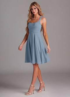 Azazie Vina Bridesmaid Dresses Dusty Blue A-Line Lace Chiffon Dress image4