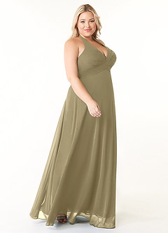 Azazie Tessie Vestidos de damas de honor Vestido de Musgo Verde de Gasa de Corte en A con Cuello en V plisado image8