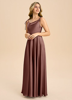 Azazie Popsy Junior Espresso A-Line Bow Stretch Satin Dress image4