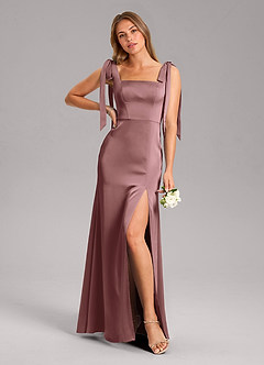 Azazie Frostine Bridesmaid Dresses Vintage Mauve A-Line Bow Stretch Satin Dress image1