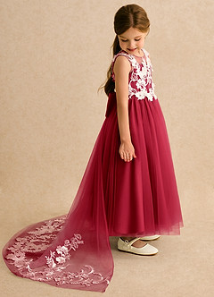 Azazie Mixie vestidos de niña de las flores Vestido de Escarlata de Encaje de Corte Princesa image3