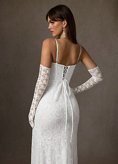 Azazie Jyotsna At-home Try On Dresses Diamond White A-Line Lace Dress image5