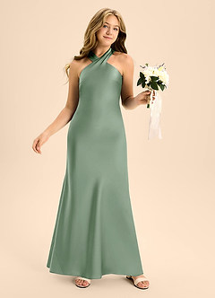 Azazie Doretta Junior Matcha A-Line Pleated Stretch Satin Dress image5