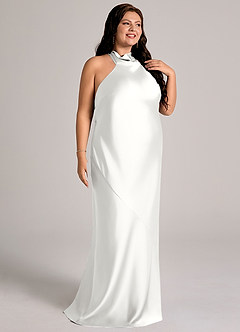 Azazie Velli Brautjungfernkleider Meerjungfrau-Linie Hoher Kragen Stretch-Satin Kleid Weiß image11