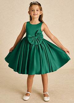 Azazie Apple Flower Girl Dresses Emerald A-Line Bow Matte Satin Dress image1