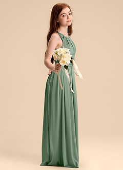 Azazie Bibiane Junior Abito A-Line in Raso Elasticizzato Plissettato Matcha image5