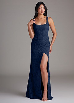 Azazie Mero Bridesmaid Dresses Dark Navy Sheath Pleated Floral Burnout Dress image1