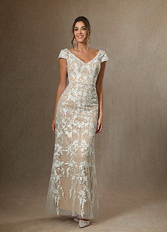 Azazie Devonna Wedding Dresses Diamond White Nude Sheath V-Neck Sequins Lace Dress image3