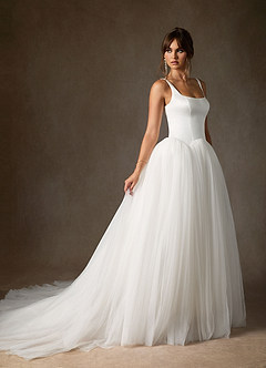 Azazie Samirah Wedding Dresses Diamond White A-Line Detachable Train Double Faced Satin Dress image4