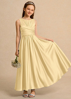 Azazie Ducky Girls Formal Flower Girl Dresses Butter A-Line Pleated Stretch Satin Dress image1
