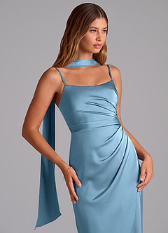 Azazie Calandra Bridesmaid Dresses Steel Blue A-Line Pleated Stretch Satin Dress image7
