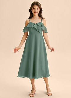 Azazie Kamilla Junior Eucalyptus A-Line Off the Shoulder Chiffon Dress image6